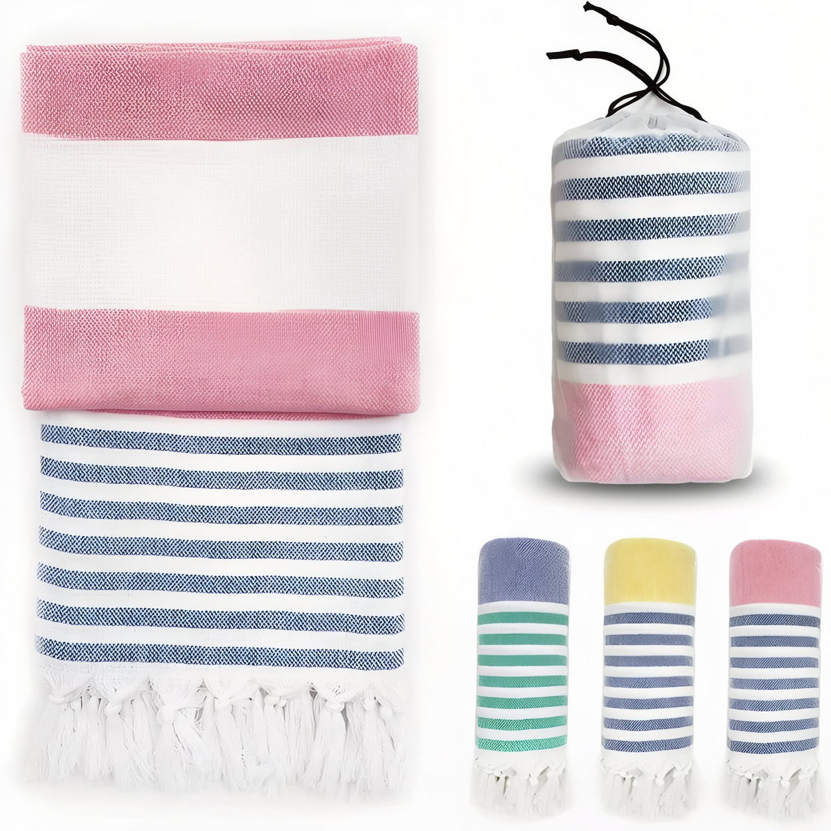Fouta de Plage Rayé Tricolore à Franges - Rose - 100*180cm