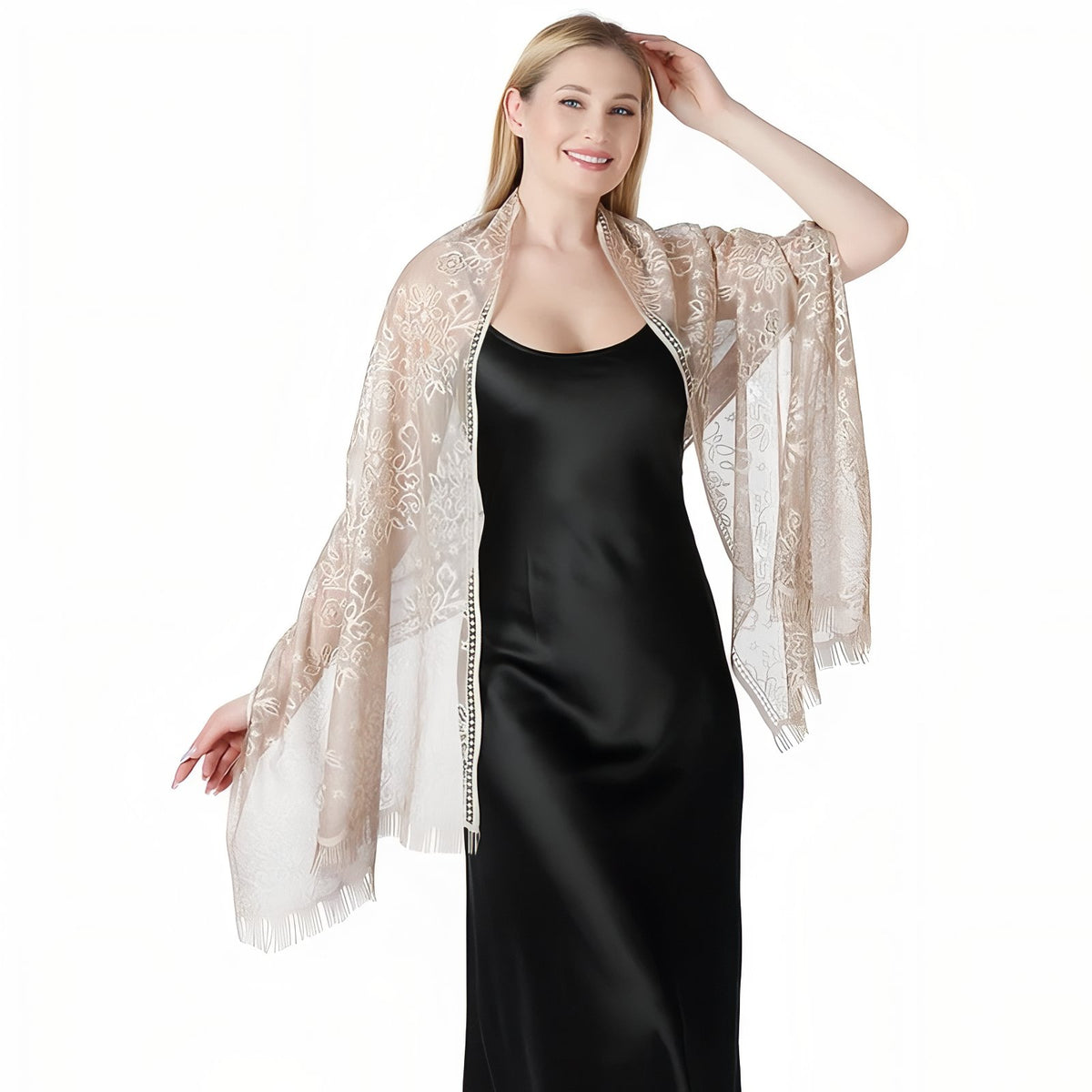 Etole de Soirée Femme portée sur une robe - Doré - Lavande - Rose - Ivoire - Rose Poudré - Beige Doré - Vert Sauge - Blanc - Noir - Taupe - Beige et Doré - Bleu Marine - Violet Foncé