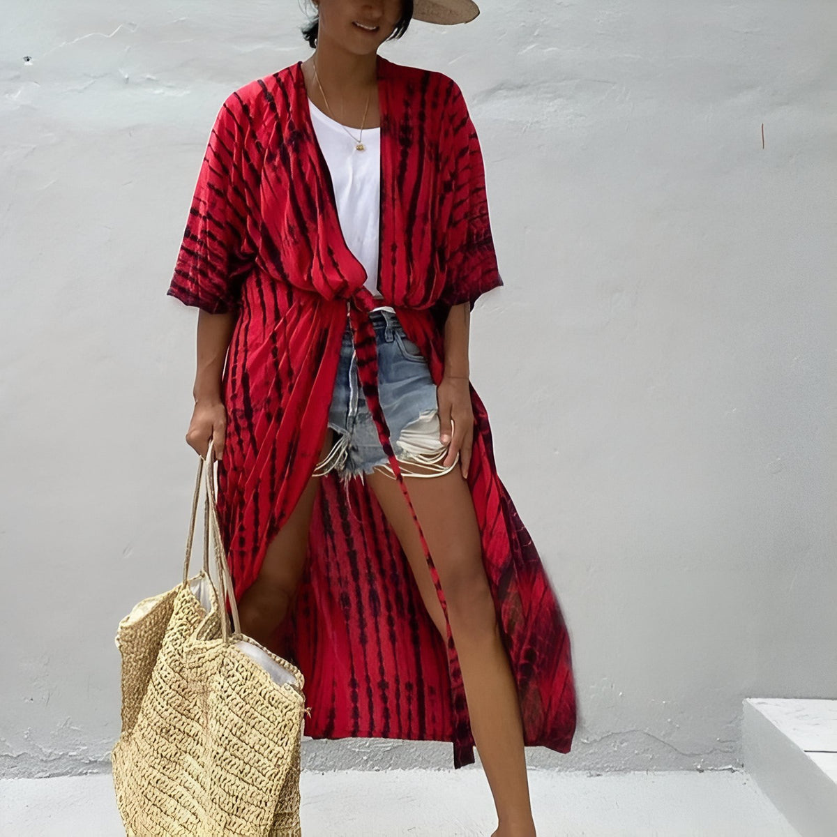 Kimono de plage Imprimé Ligné - Rouge - Unique