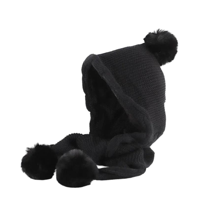 Echarpe Capuche avec Pompom Adulte Noir Ébène 56-58cm