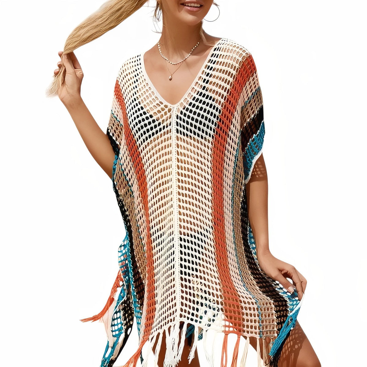 Robe de Plage Courte en Crochet Multicolore - Blanc à Rayures Colorées - Unique