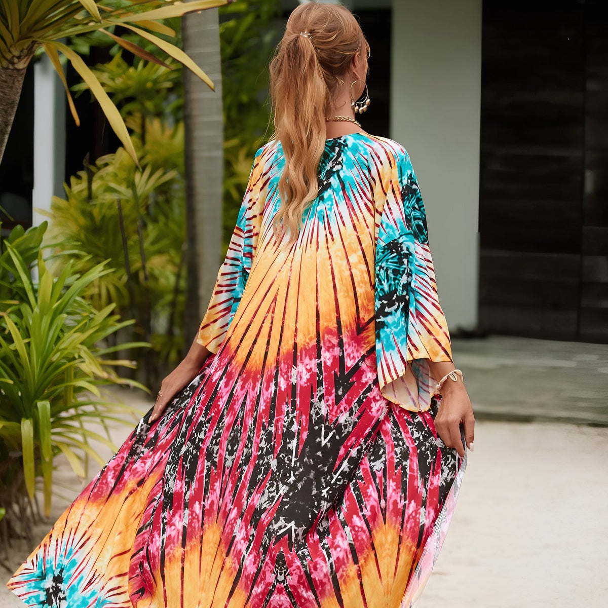 Kimono de Plage Grande Taille Imprimé Eté portée en extérieur - Paisley Coloré - Feuilles vertes - Beige - Multicouleurs - Bleu Azur - Turquoise - Aigle Sauvage - Noir - Formes géométriques - Rouge et Bleu - Fuchsia Tie Dye