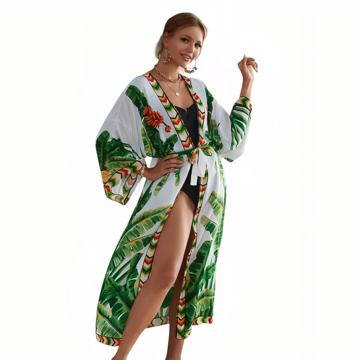 Kimono de Plage Grande Taille Imprimé Eté - Feuilles vertes - Unique