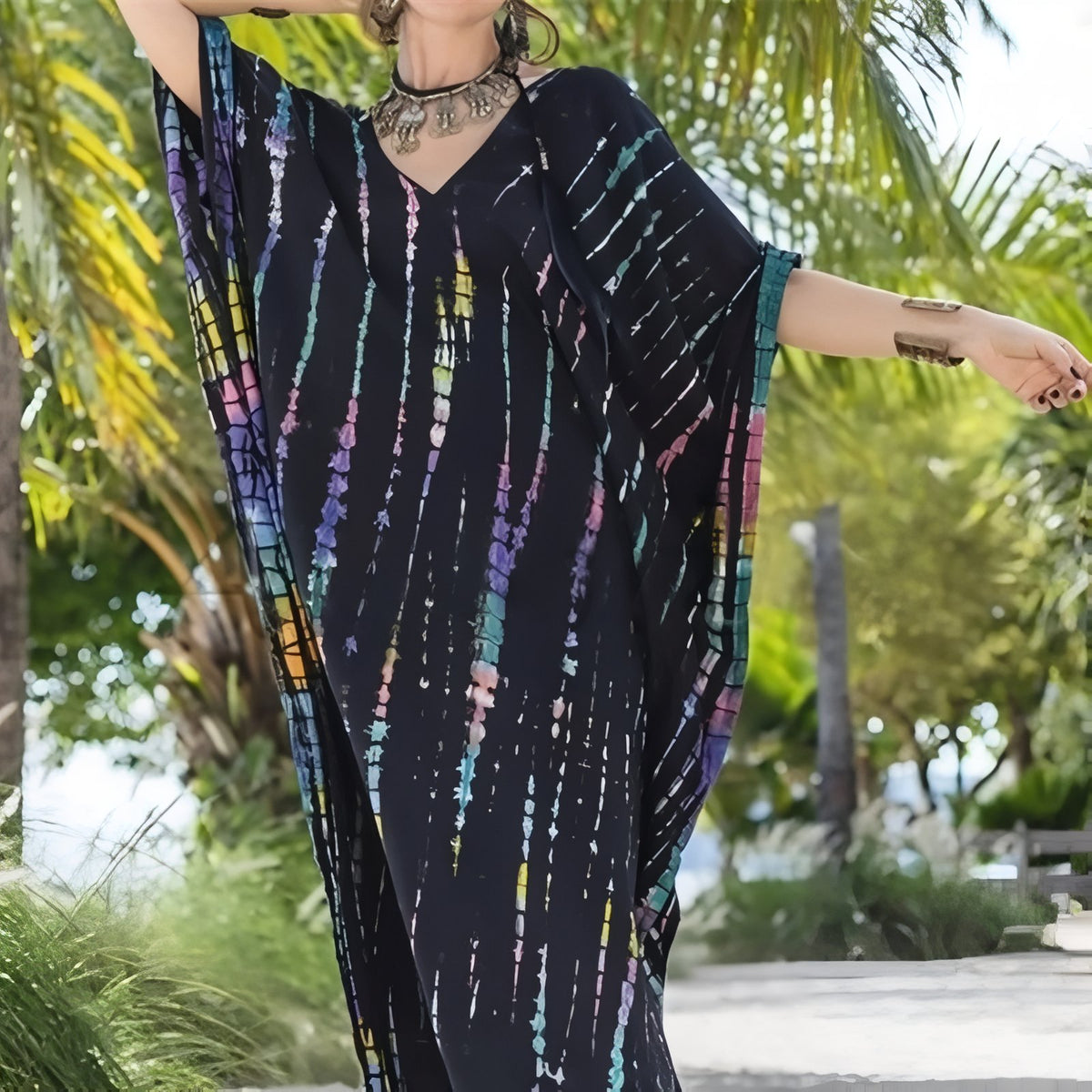 Longue Robe Tie and Dye - Noir et Multicouleurs - Unique