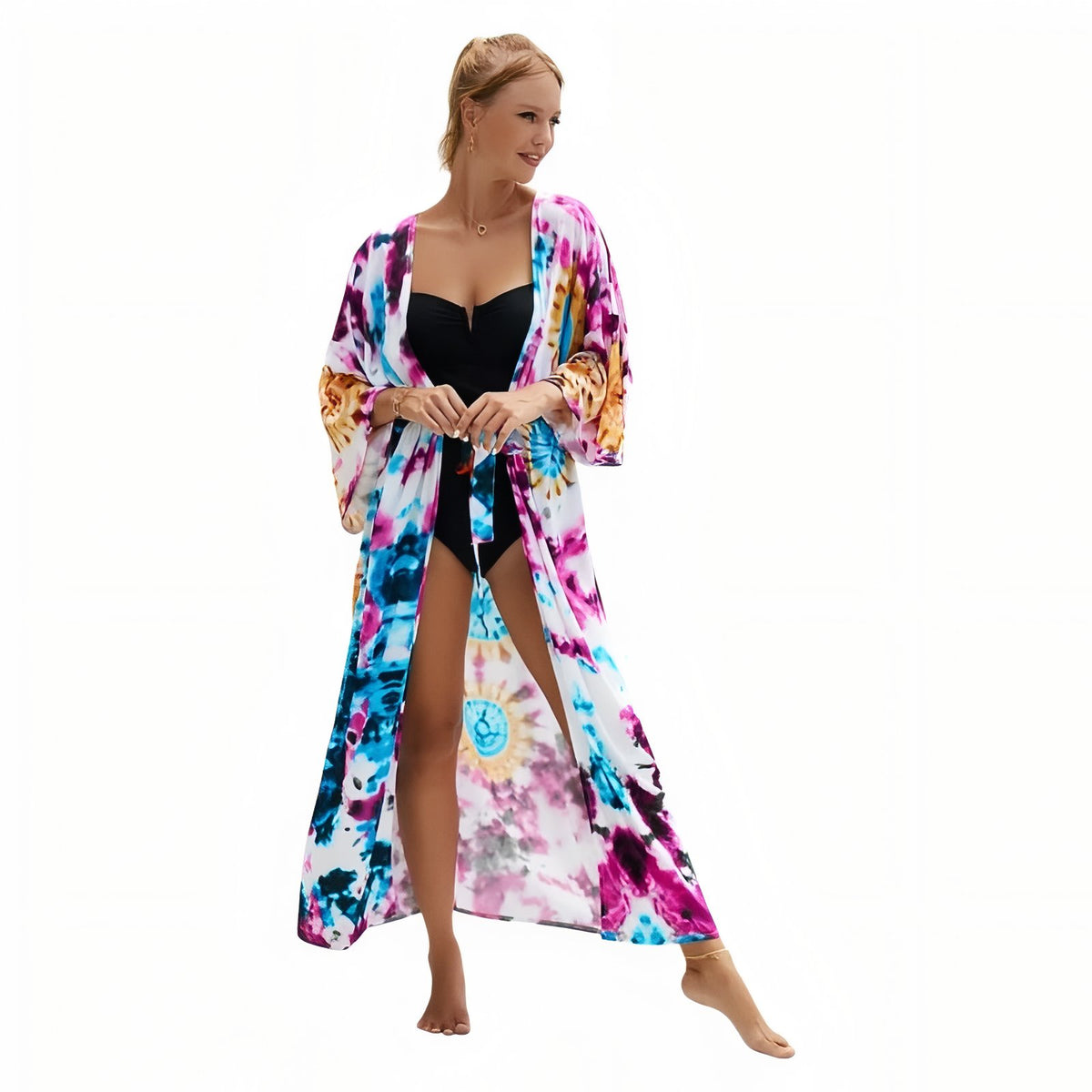 Kimono de Plage Grande Taille Imprimé Eté - Fuchsia Tie Dye - Unique