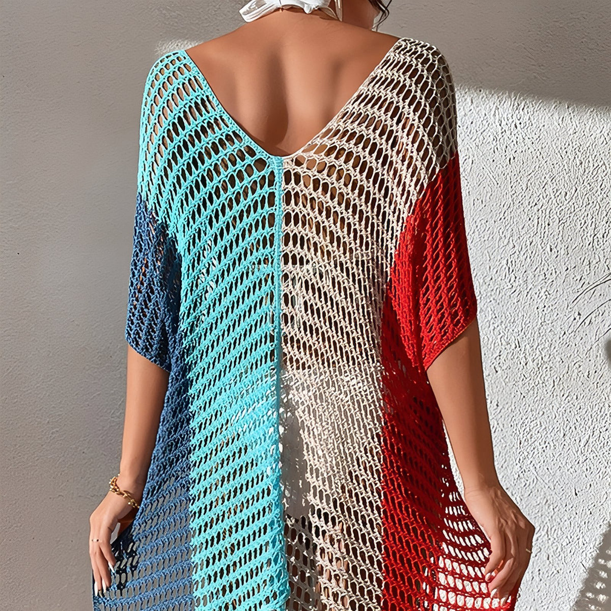 Robe Paréo en Maille portée de dos - Noir et Vert - Rose et Jaune - Bleu et Gris