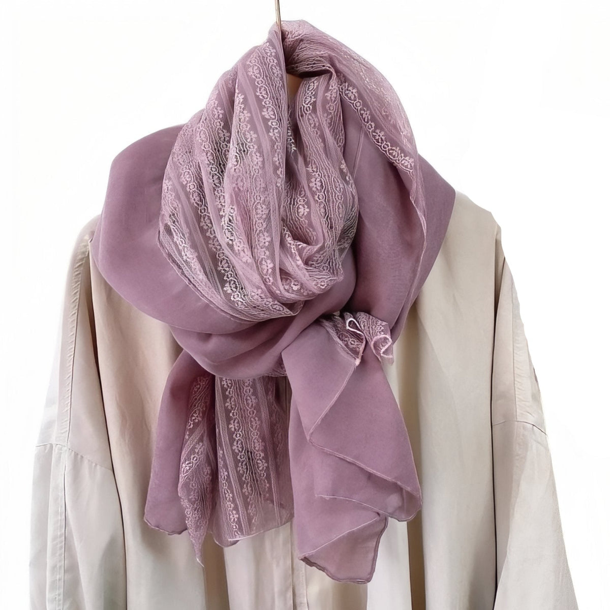 Chèche avec Dentelle - Violet Poudré - 180*90cm