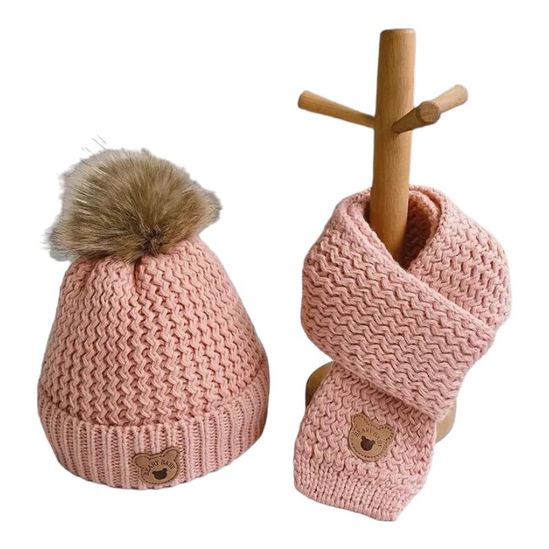 Bonnet et Echarpe Enfant Garçon Rose Poudré et Beige Clair 6-36 mois / 45-53 cm
