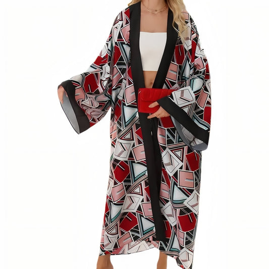 Long Kimono de Plage Large à Motifs Imprimés - Gris - Unique