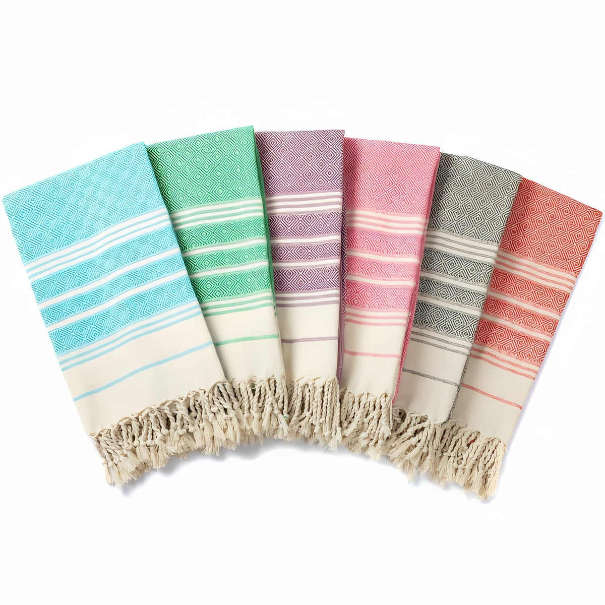 Fouta de Plage Rayures Asymétriques et Franges cinq articles alignés - Rose - Gris - Vert - Bleu - Jaune