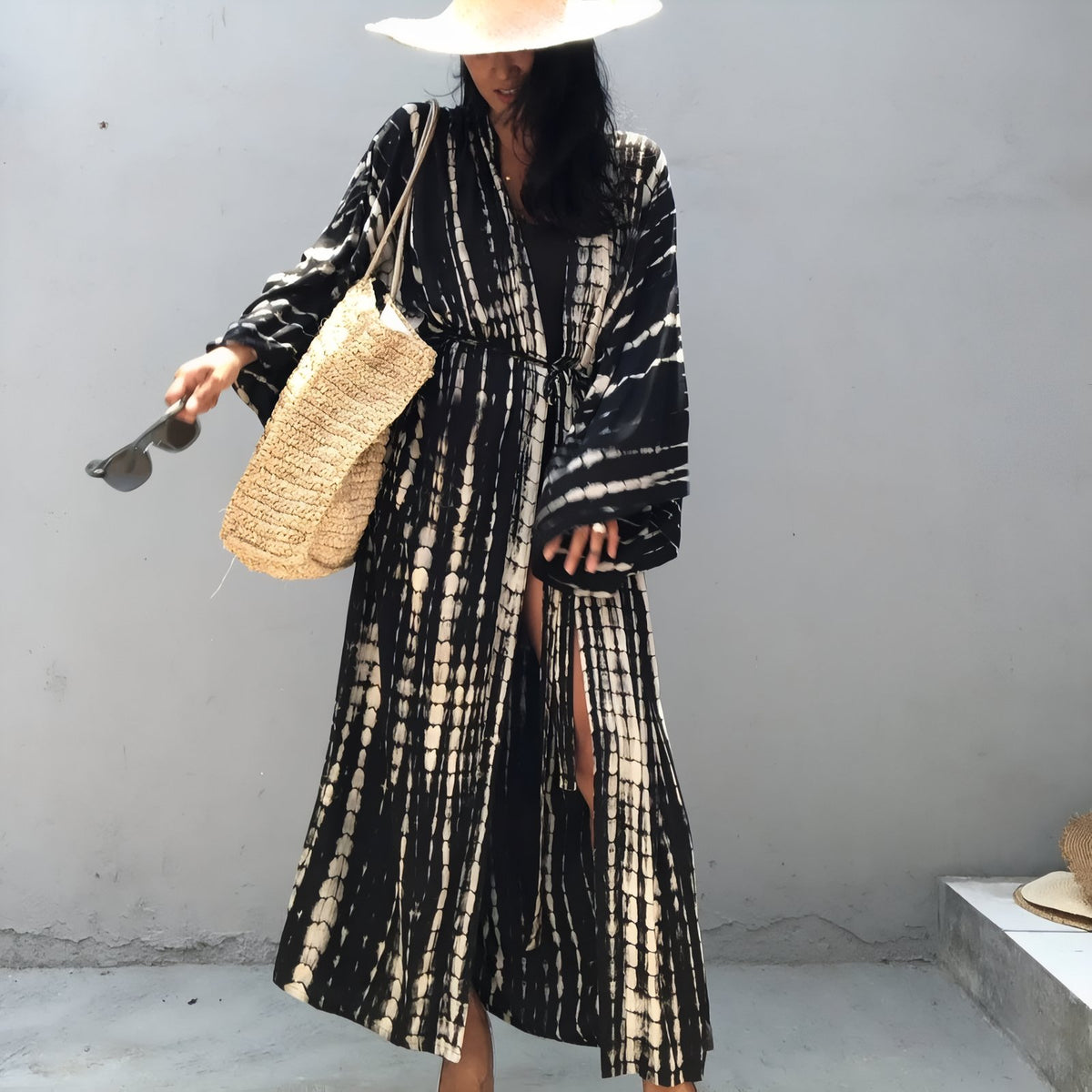 Kimono de Plage Tie and Dye Manches Longues - Noir - Unique