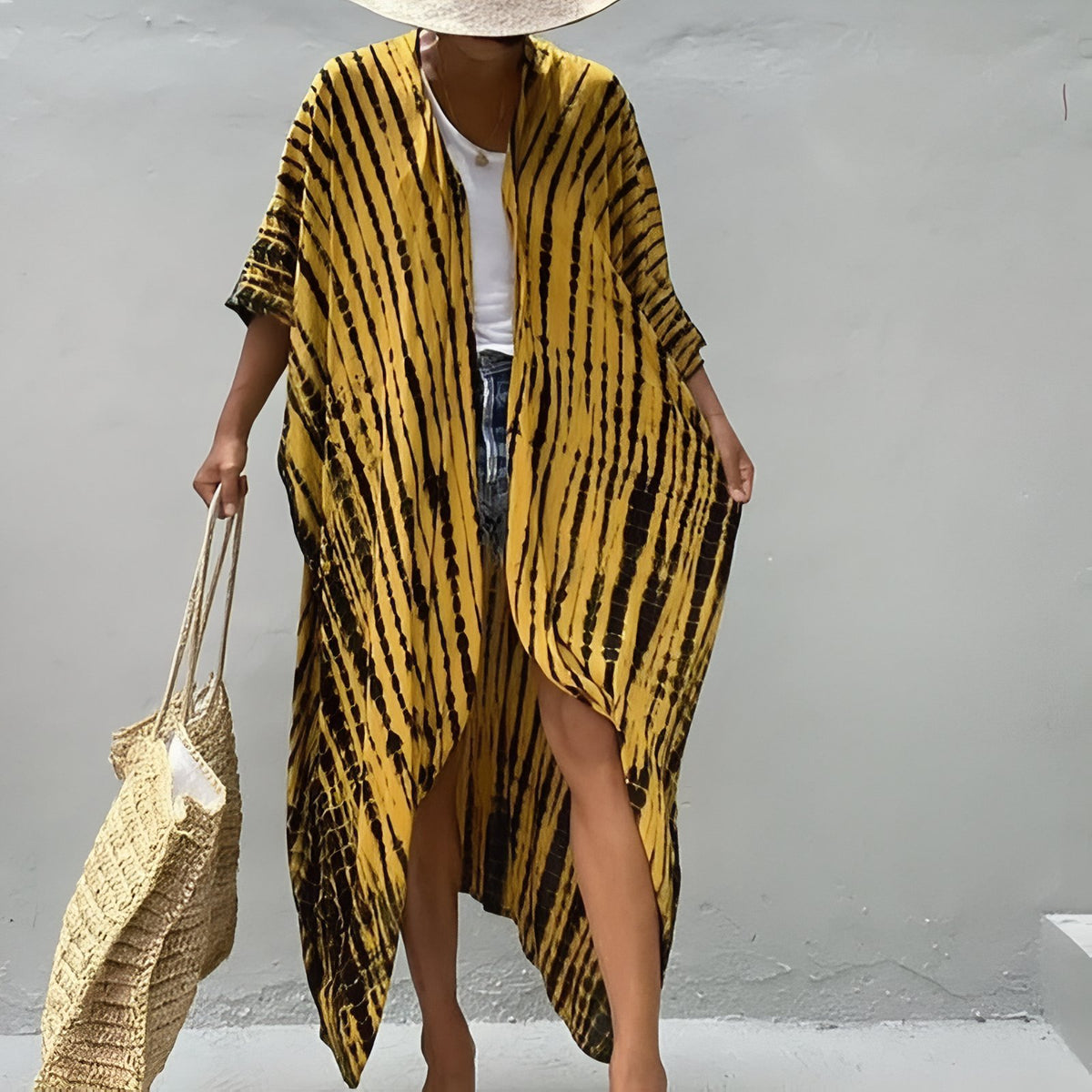 Kimono de plage Imprimé Ligné - Jaune - Unique