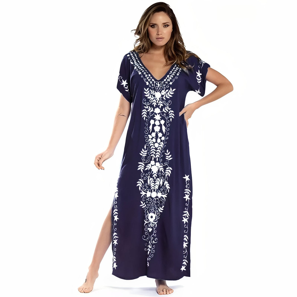 Robe de Plage Fendue Style Ethnique - Bleu Marine - Unique