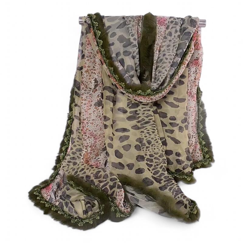 Foulard Imprimé Léopard Vert Olive et Rose Pâle 150*120cm