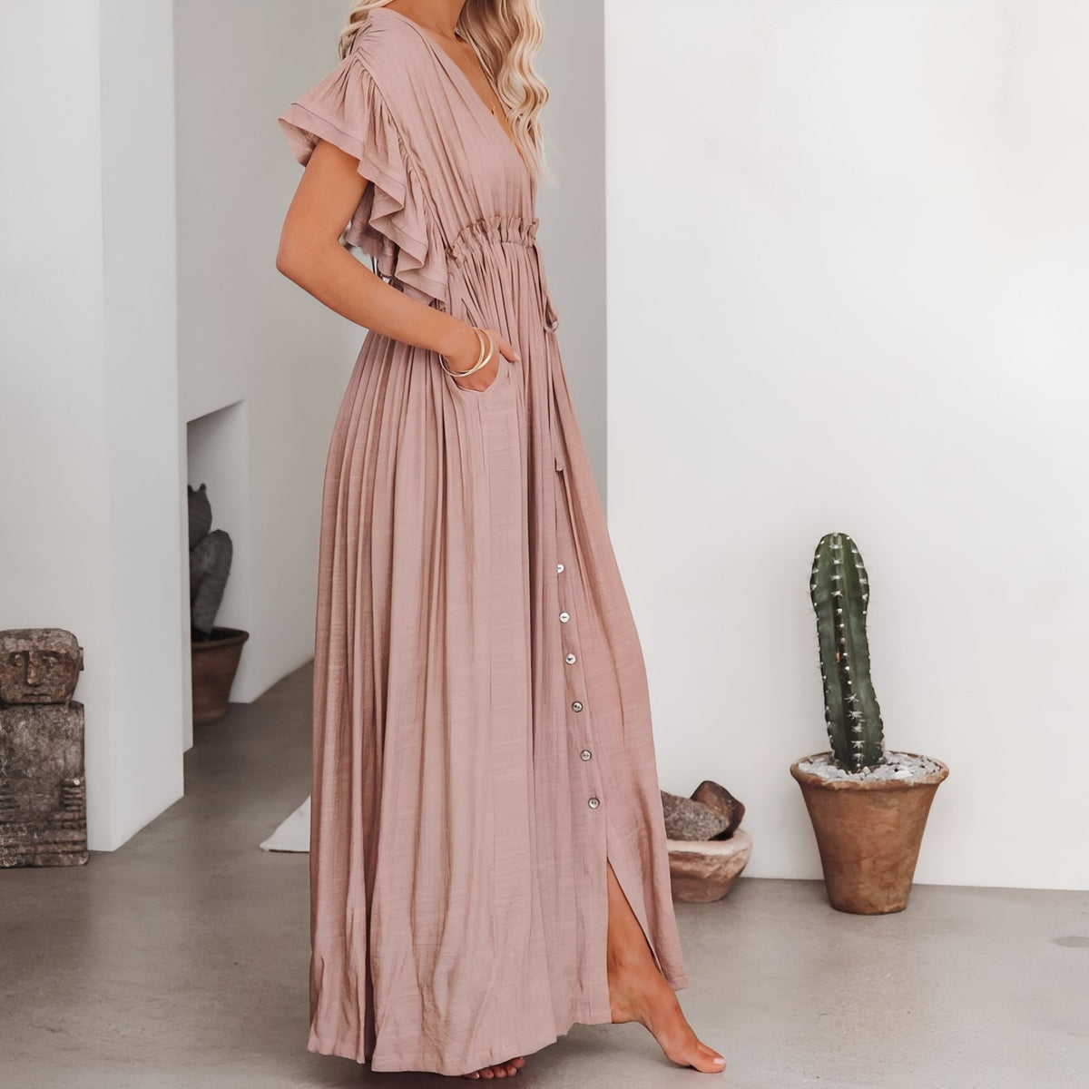 Robe de Plage Style Oversize portée sur mannequin - Bleu - Lavande - Noir - Rouge Brique - Gris - Vert Clair - Vert Foncé - Rose Clair - Blanc - Beige