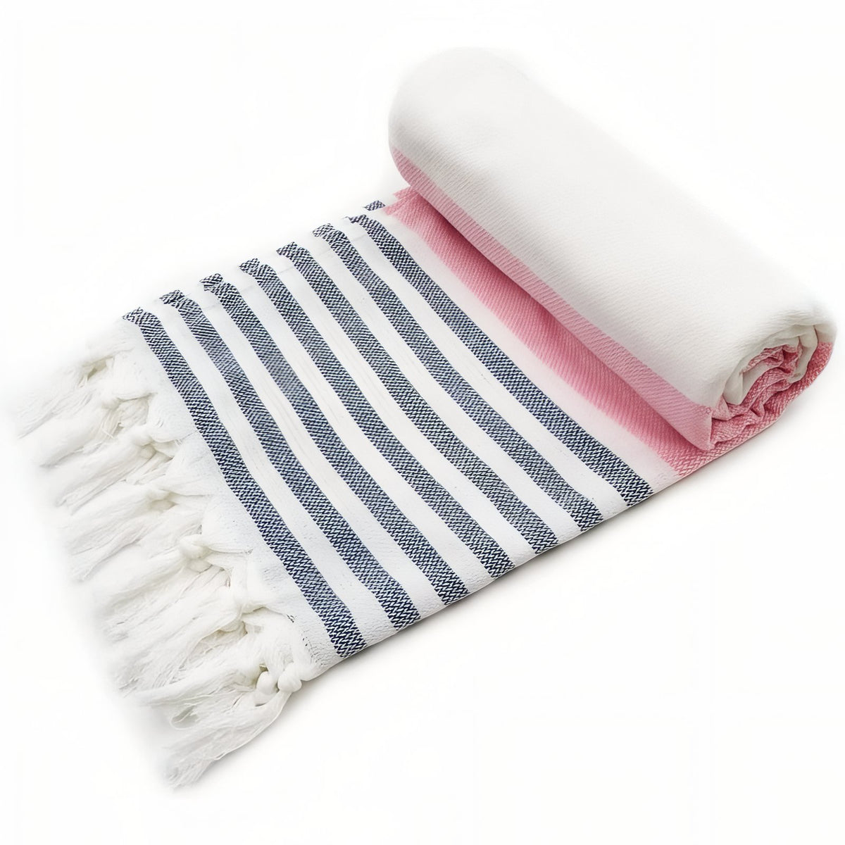 Fouta de Plage Rayé Tricolore à Franges roulé avec franges - Bleu - Jaune - Rose