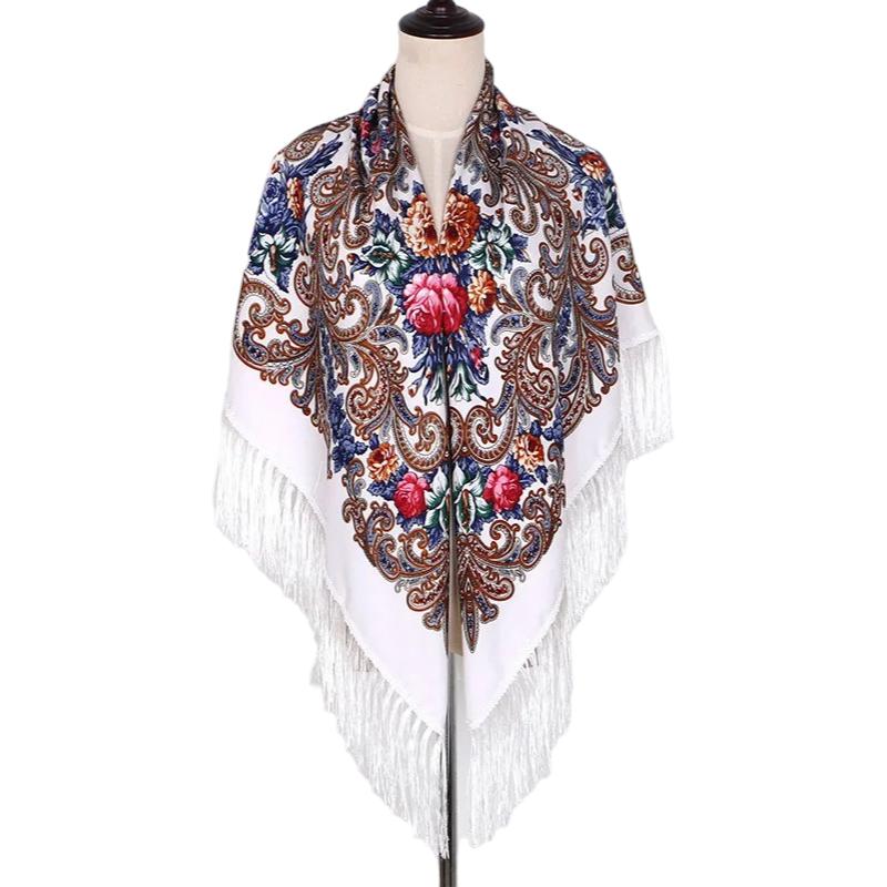 Châle Russe Blanc et Rouge Floral 130x130cm