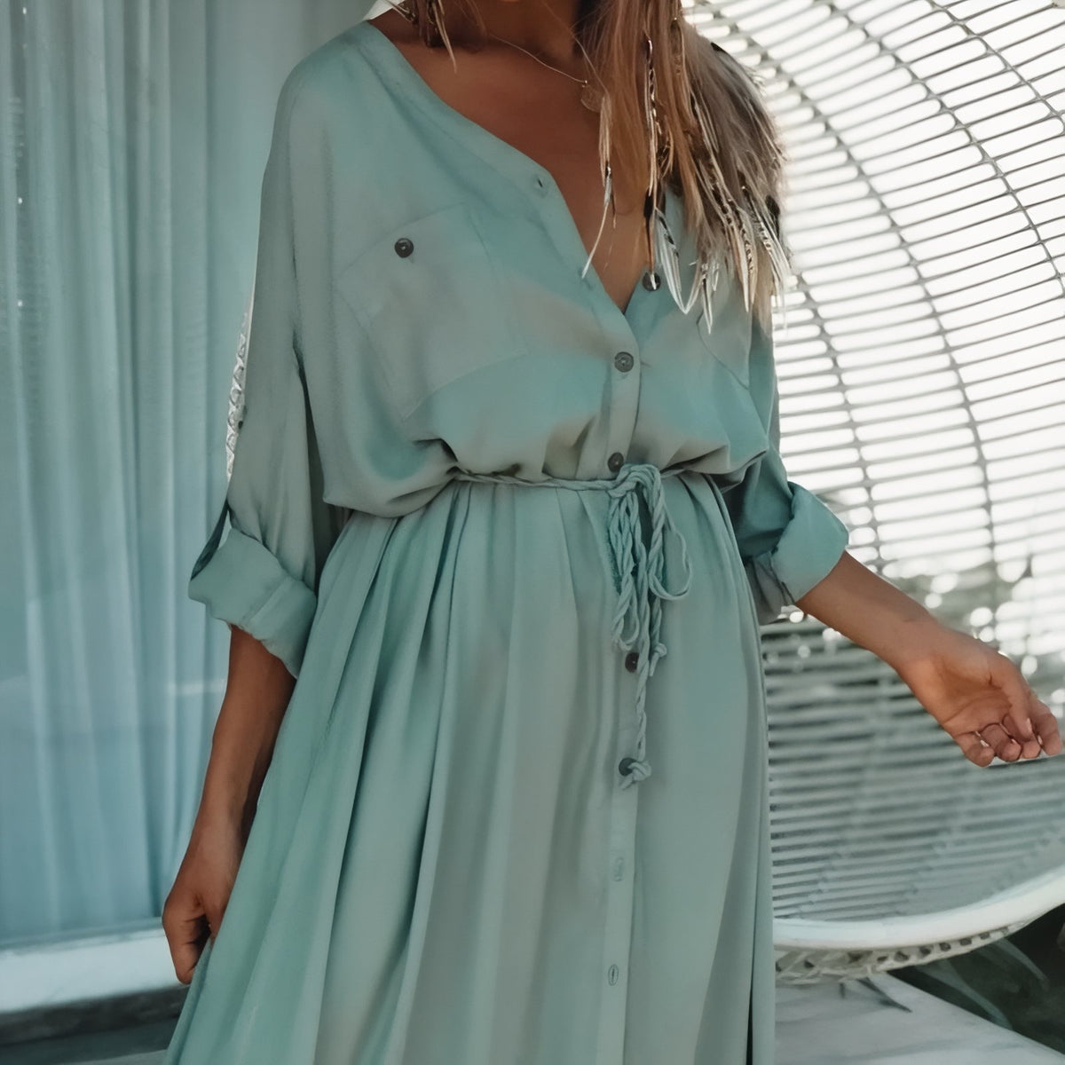 Robe de Plage Longue Style Chemisier portée à la main - Vert - Blanc