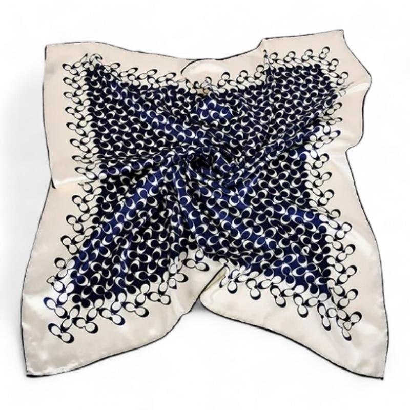 Carré de Soie Femme Luxe Bleu Marine et Crème 90*90cm