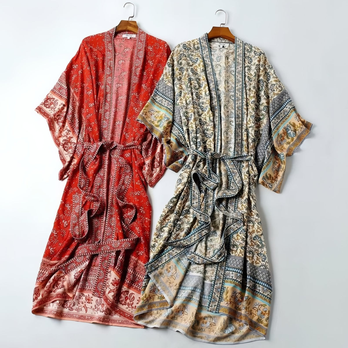Kimono de Plage à Ceinture Bohemian Style deux articles alignés - Rouge - Vert