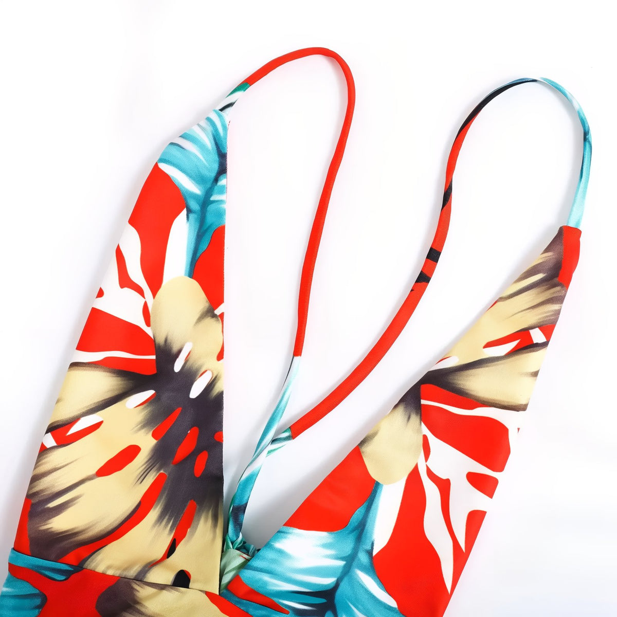 Robe de Plage Imprimé Tropical gros plan bretelles - Bleu - Rouge