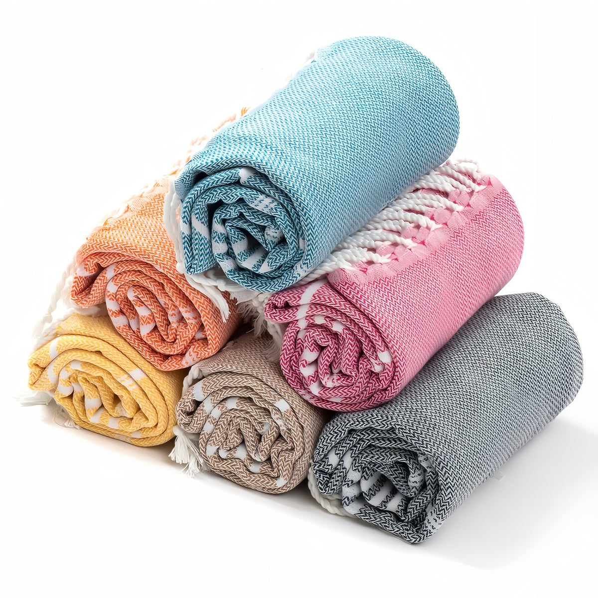 Serviette de Plage Fouta six serviettes roulées - Violet - Jaune - Bleu Marine - Bleu Ciel - Vert Clair - Rose Fuchsia - Vert Olive