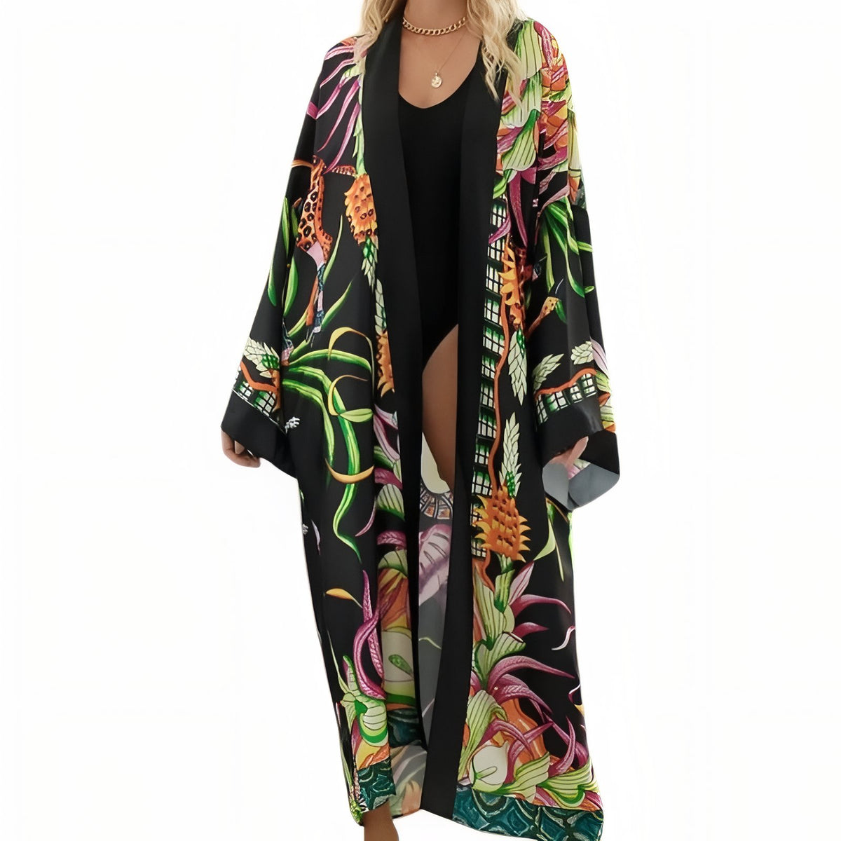 Long Kimono de Plage Large à Motifs Imprimés - Vert - Unique