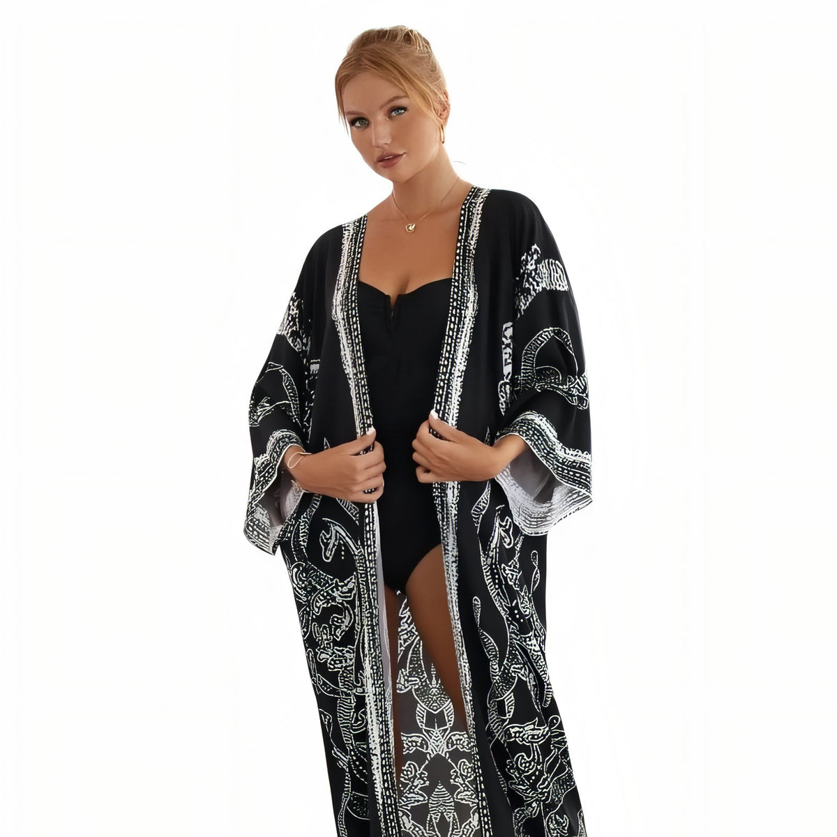 Kimono de Plage Grande Taille Imprimé Eté - Noir - Unique