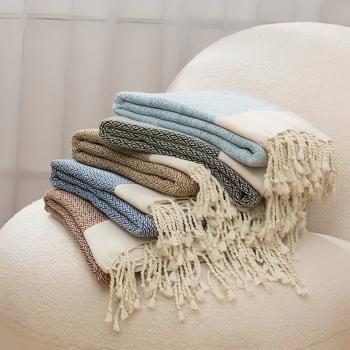 Serviette Fouta de Plage à Motif huit serviettes empilées - Taupe - Noir - Marron - Bleu Clair - Bleu Marine