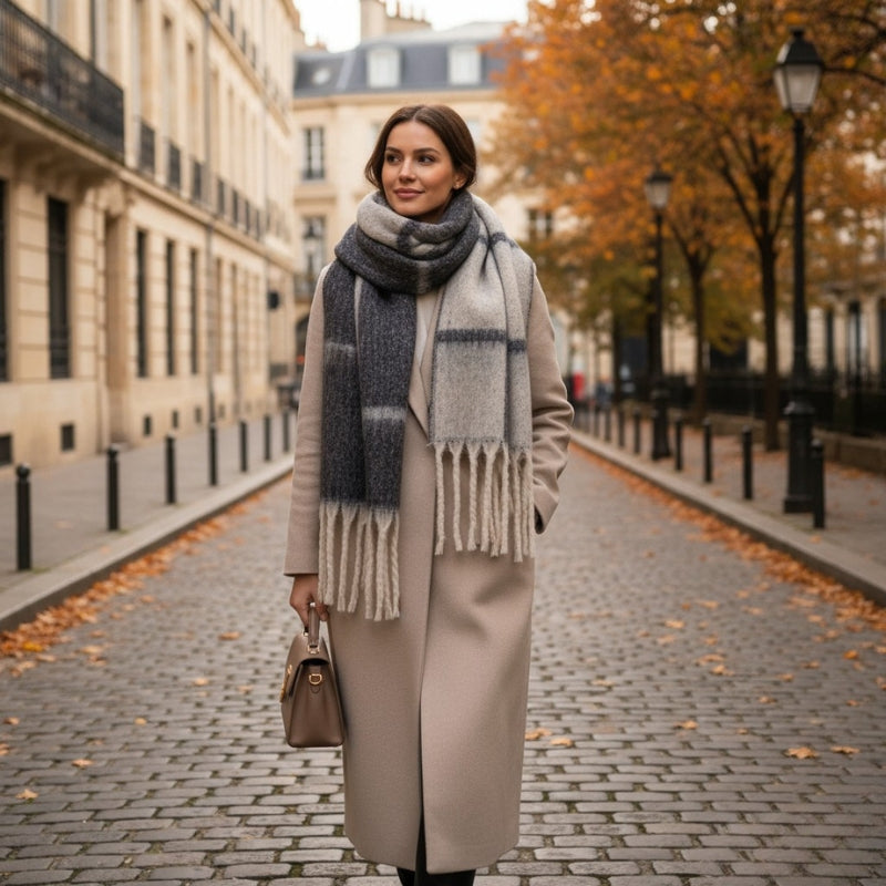 Grosse Echarpe Femme Douce portée à la main - Gris - Rouge - Bleu - Kaki - Marron