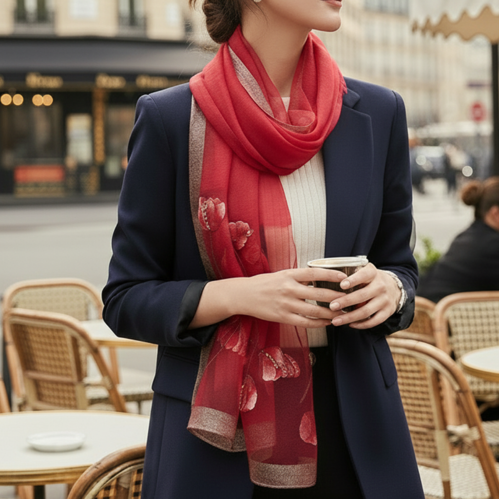 Foulard en Mousseline de Soie Femme portée à la main - Rouge Cerise - Noir et Jaune - Beige et Jaune - Rose Pâle et Rouge - Gris Clair et Beige - Jaune Saffran et Blanc Transparent - Vert Émeraude et Doré - Rouge Fuchsia et Doré - Bleu Nuit - Blanc Transparent et Orange - Rose Poudré et Violet