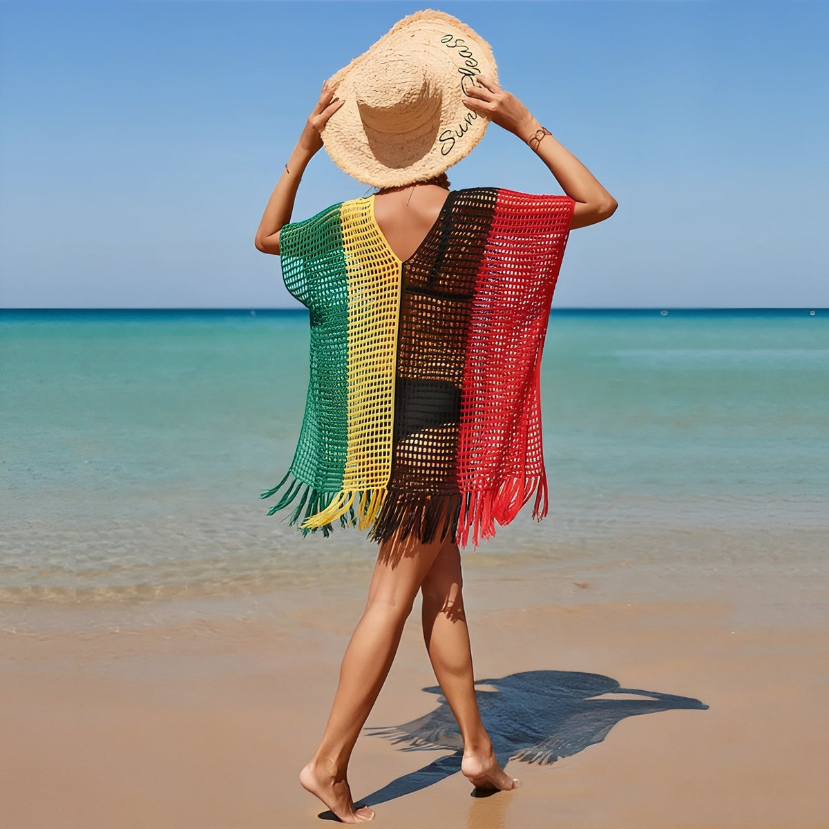 Robe de Plage Courte en Crochet Multicolore portée à la main - Rouge Jaune Bleu - Blanc à Rayures Colorées - Multicouleurs - Turquoise et Rouge - Vert - Orange et Blanc - Jamaique - Bleu Ciel - Tie Dye Bleu et Rouge - Noir