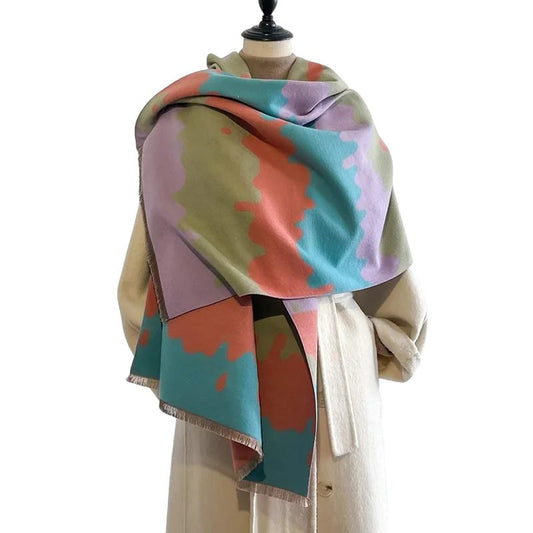 Grande Echarpe Plaid Femme Vert Pâle et Corail 65*185cm