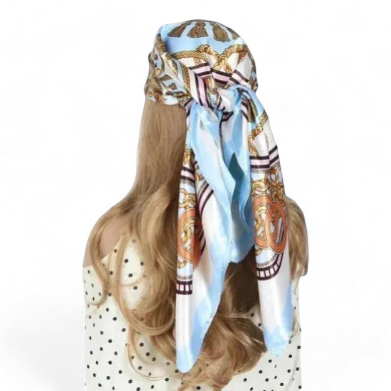 Foulard pour Cheveux Carré Bleu Ciel et Doré 90*90cm