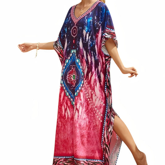 Robe Caftan Africain Imprimé Coloré - Rose et Bleu - Unique