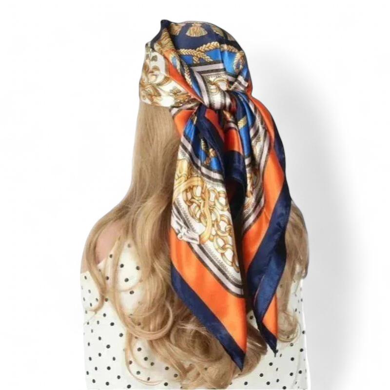 Foulard pour Cheveux Carré Orange et Bleu Marine 90*90cm