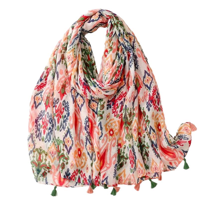 Chèche Echarpe Multicolore Originale Corail et Vert Forêt 180*90cm