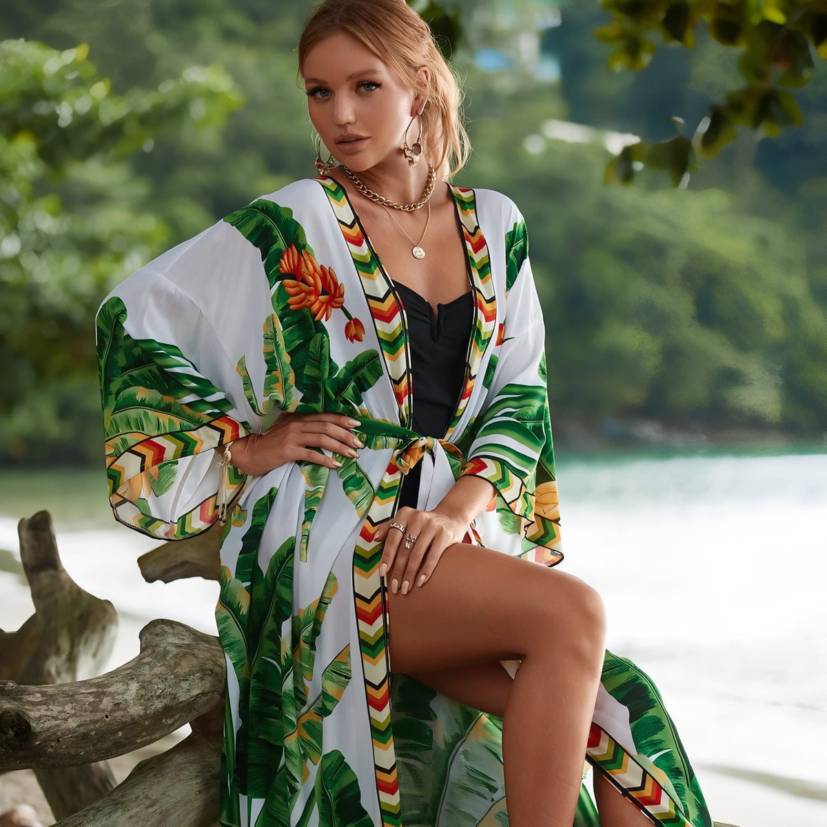 Kimono de Plage Grande Taille Imprimé Eté portée à la main - Paisley Coloré - Feuilles vertes - Beige - Multicouleurs - Bleu Azur - Turquoise - Aigle Sauvage - Noir - Formes géométriques - Rouge et Bleu - Fuchsia Tie Dye