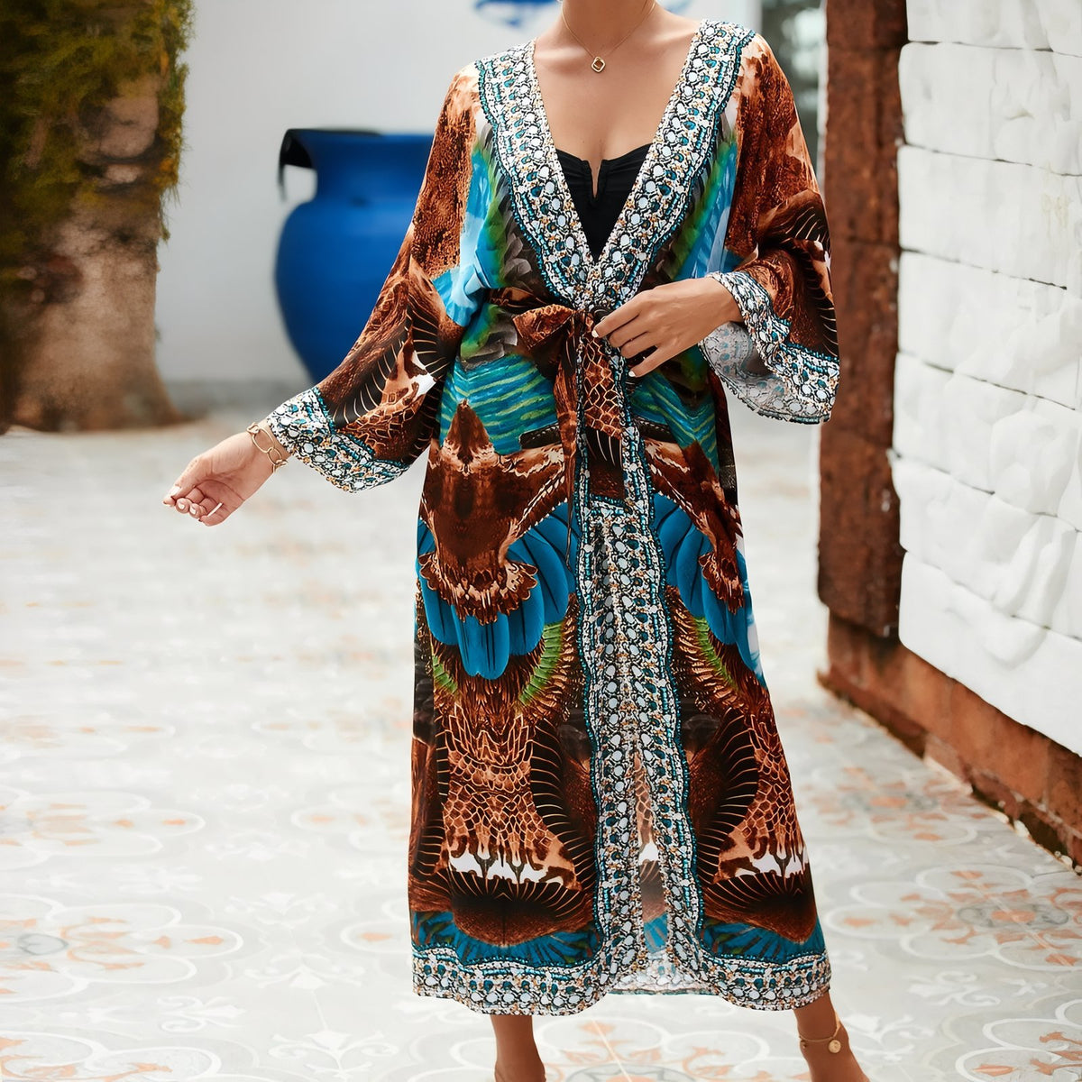 Kimono de Plage Grande Taille Imprimé Eté portée à la main - Paisley Coloré - Feuilles vertes - Beige - Multicouleurs - Bleu Azur - Turquoise - Aigle Sauvage - Noir - Formes géométriques - Rouge et Bleu - Fuchsia Tie Dye