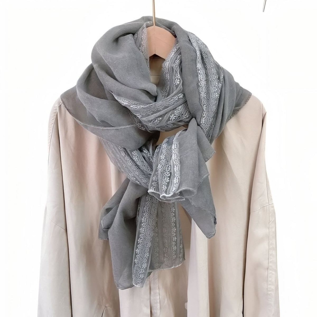 Chèche avec Dentelle - Gris Foncé - 180*90cm