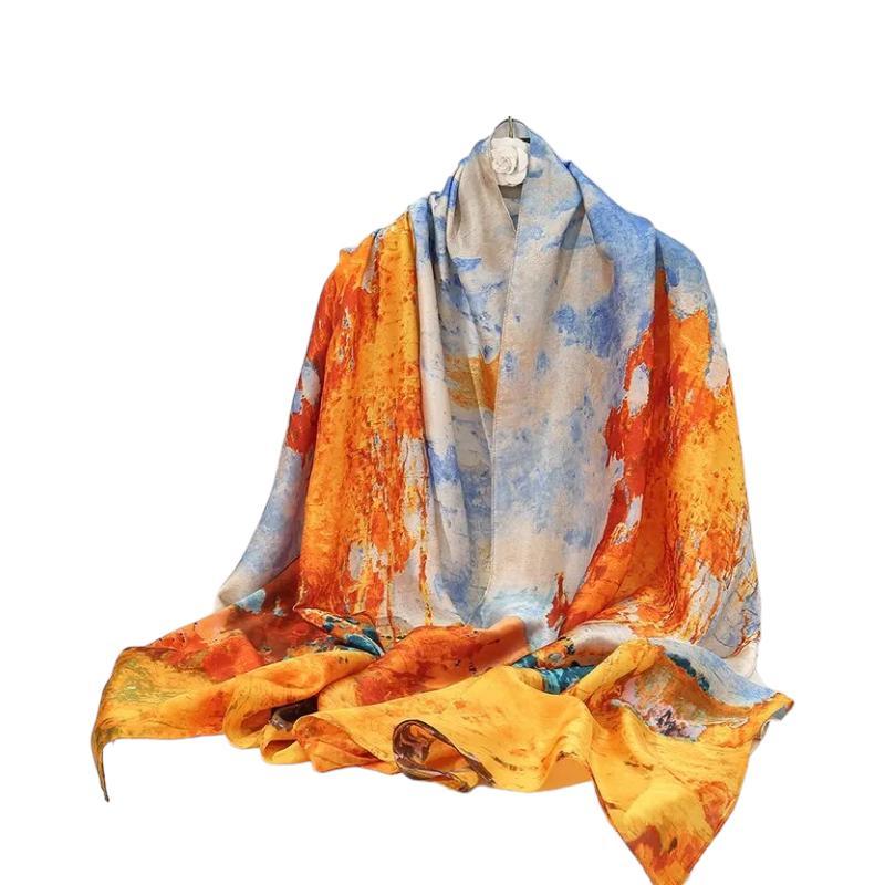 Grand Foulard Satin Orange et Bleu Ciel 180*90cm