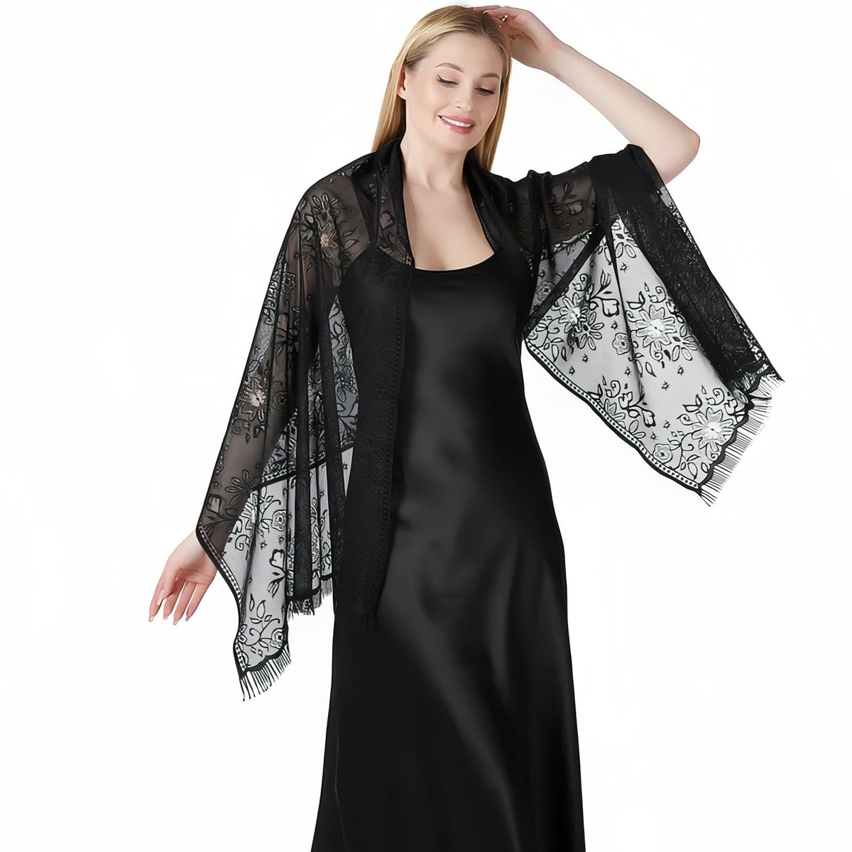 Etole de Soirée Femme portée avec robe noire - Doré - Lavande - Rose - Ivoire - Rose Poudré - Beige Doré - Vert Sauge - Blanc - Noir - Taupe - Beige et Doré - Bleu Marine - Violet Foncé