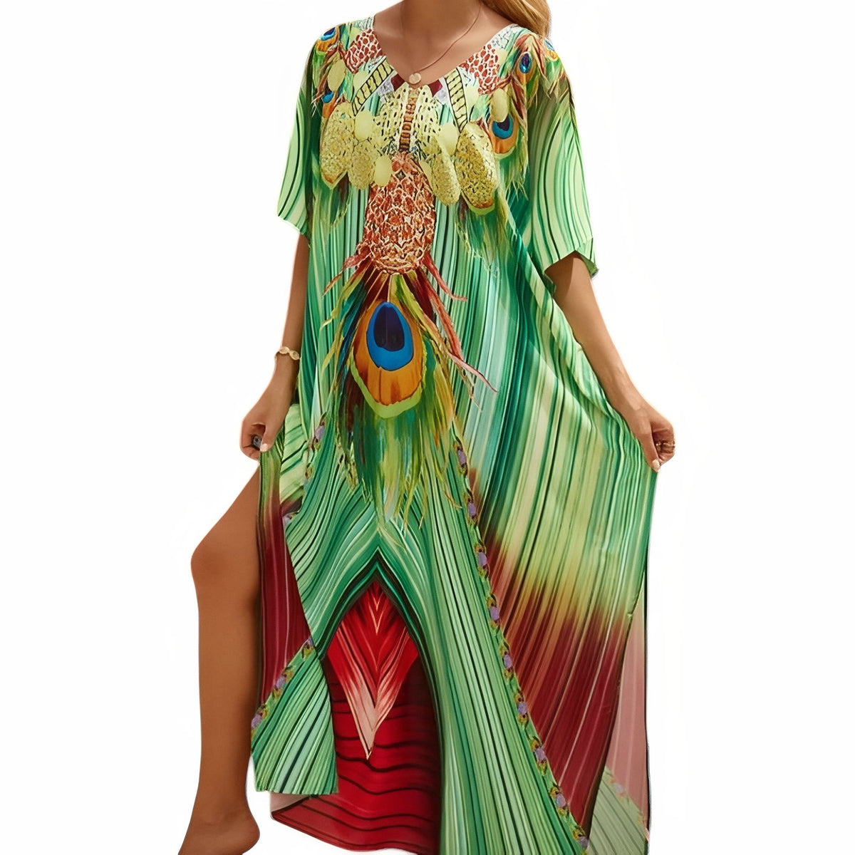 Robe Caftan Africain Imprimé Coloré - Paon Vert - Unique