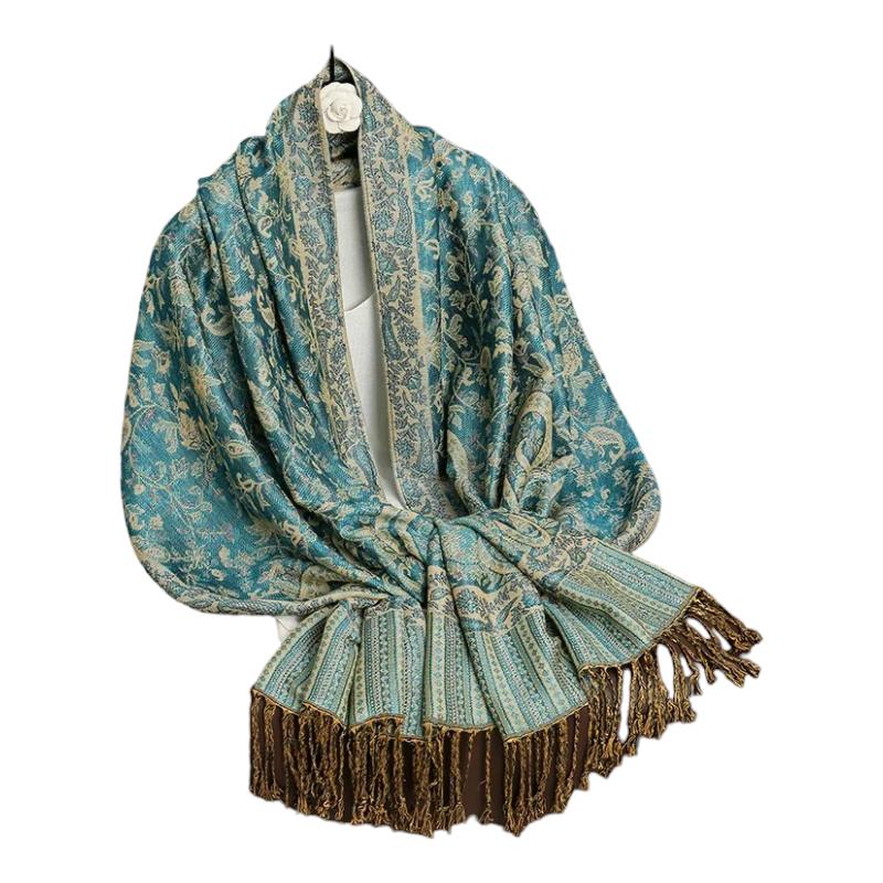 Foulard Indien Femme Bleu Turquoise et Beige Clair 
