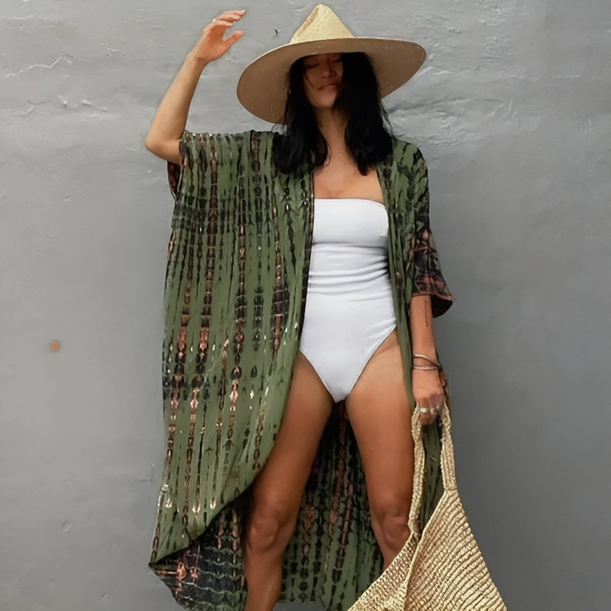 Kimono de plage Imprimé Ligné - Vert Armée - Unique