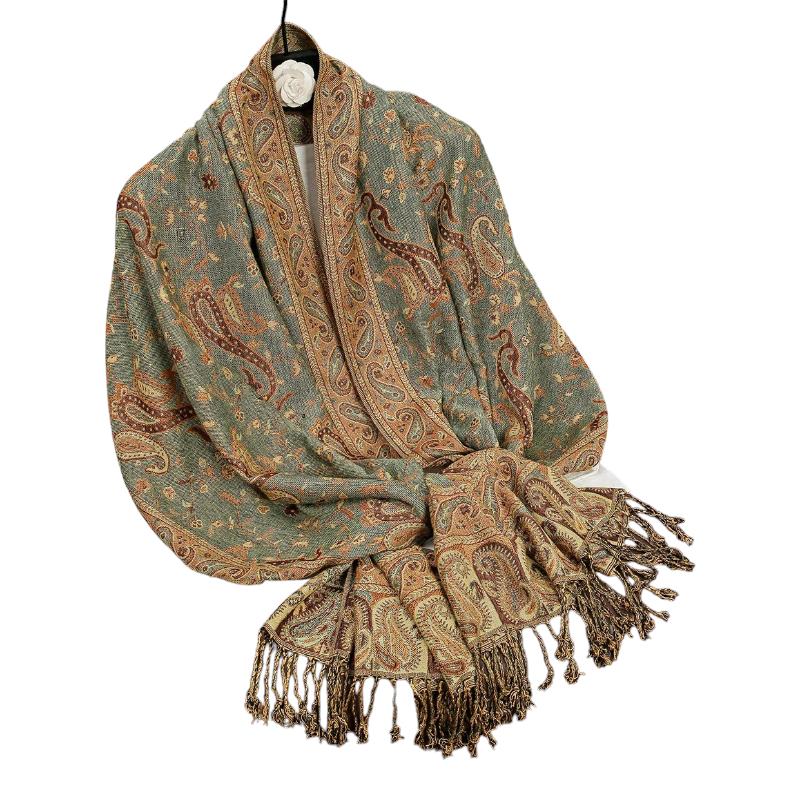Foulard Motif Ethnique Vert Sauge et Beige Doré 70x190cm