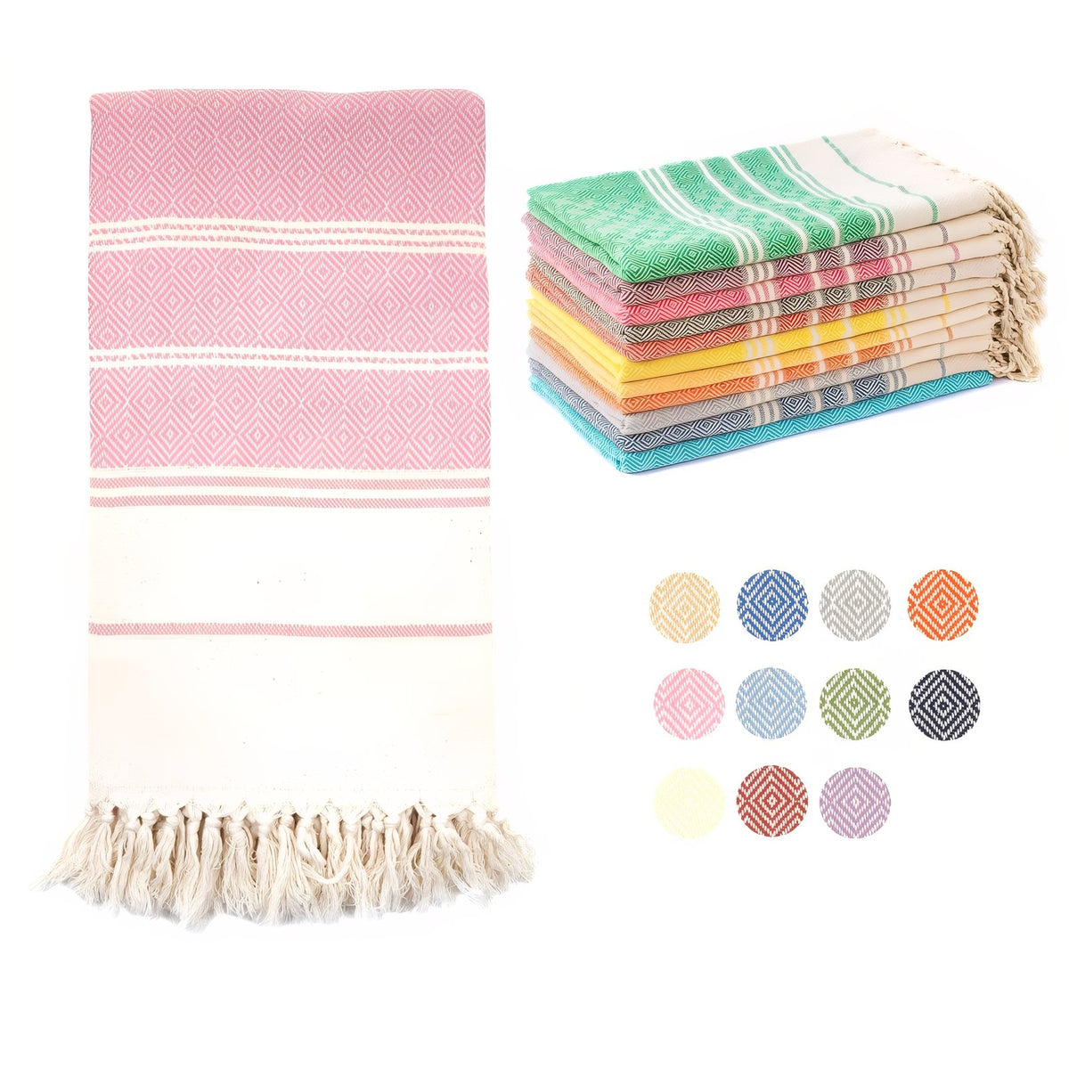 Fouta de Plage en Coton Coloré à Franges pile de serviettes colorées - Orange - Jaune - Rouge - Noir - Rose - Bleu Marine - Violet