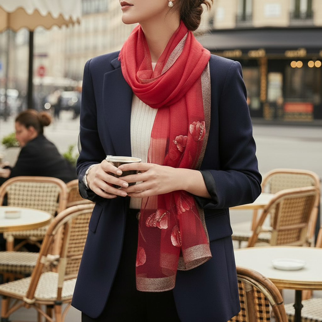 Foulard en Mousseline de Soie Femme portée à la main - Rouge Cerise - Noir et Jaune - Beige et Jaune - Rose Pâle et Rouge - Gris Clair et Beige - Jaune Saffran et Blanc Transparent - Vert Émeraude et Doré - Rouge Fuchsia et Doré - Bleu Nuit - Blanc Transparent et Orange - Rose Poudré et Violet