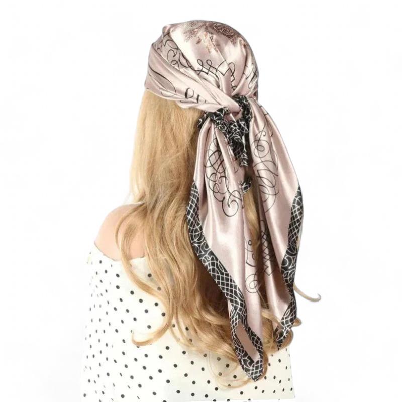 Foulard pour Cheveux Carré Beige Rosé et Noir 90*90cm
