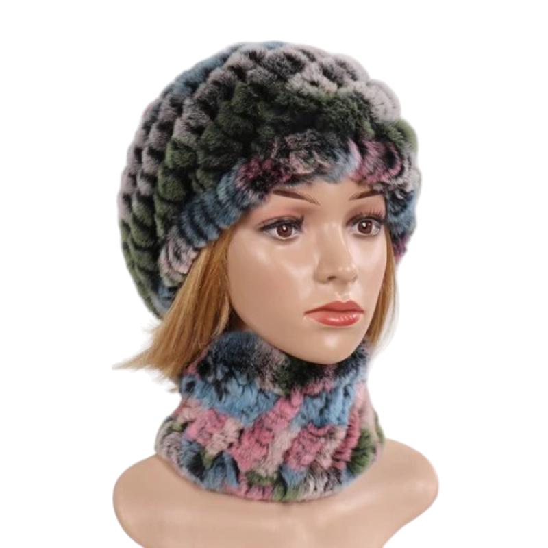 Parure Snood et Bonnet Femme Vert Foncé et Rose Pâle 